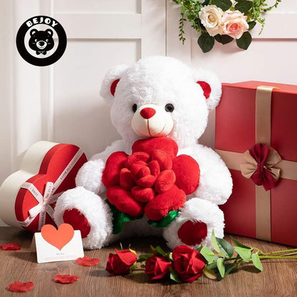 BEJOY Teddy Bear Stuffed Animals Plush Bear Holding Rose Soft Plush Toy Gifts 16 inches White