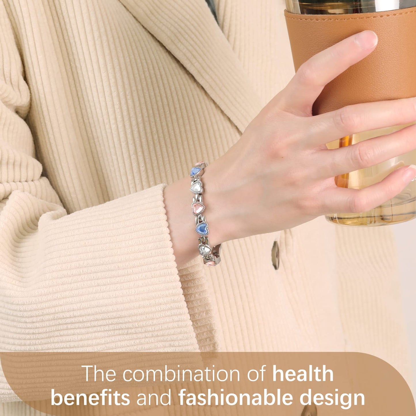 Feraco Magnetic Bracelet for Women Titanium Steel Magnetic Bracelet with Neodymium Magnets & Sparkling Crystals, Christmas Jewelry Gifts (Tricolor)