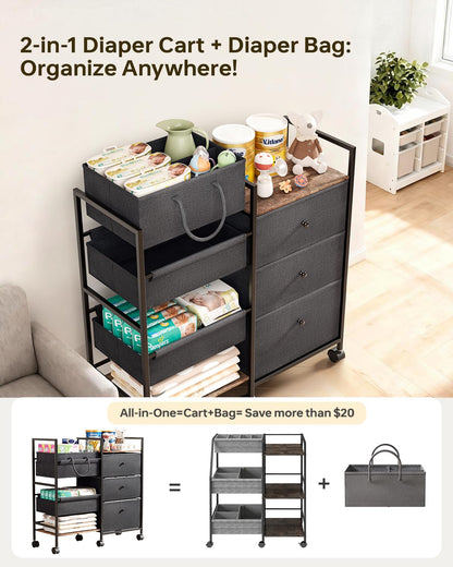 2-in-1 Baby Diaper Caddy Organizer and Storage-3 Tier Rolling Baby Cart with Dividers and Drawers, Baby Essentials for Nursery Storage, Mobile Utility Cart with Wheels Large Capacity Easy To Assemble
