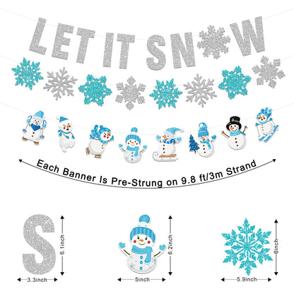 Winter Wonderland Decorations,3Pcs Pre-Strung Glitter Let It Snow Banner Sign,Snowflake Banner,Snowman Garland for Christmas Holiday Party Decorations,Winter Decorations for Home,Wall Indoor Mantle