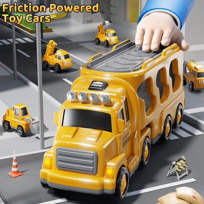 DULONIME Construction Truck Toys Set for Kids Aged 1 2 3 4 5 6 7 8, Truck Playset with Toy Car, Light and Sound, Movable Parts Construction Toys for Toddlers, Birthday Gifts for Boys Girls 2-4 4-7