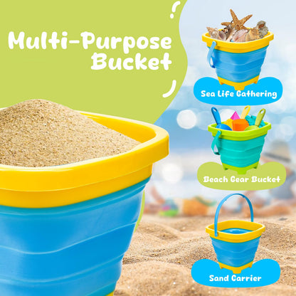 AuntyFey Beach Sand Toys for Toddler 1-3 with Trucks, 2 Collapsible Beach Toys for Kids Ages 4-8, Sandbox Toys for Toddler, Collapsible Beach Sand Buckets with Castle Sand Molds Shovels
