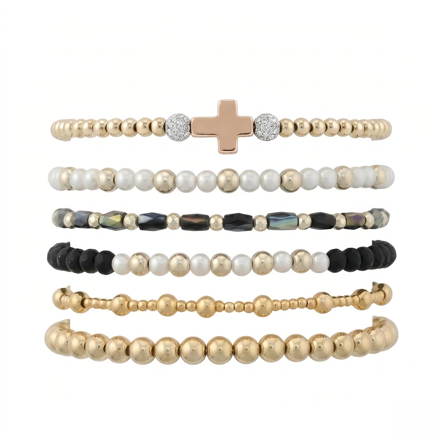 NoctisNest 6 Pcs Layered Cross Bracelet for Women, Black Gold Stackable Pearl Beaded Bracelets for Her Mom Girlfriend, Dainty 14K Gold Plated Bracelet Set for Mothers Day Gifts