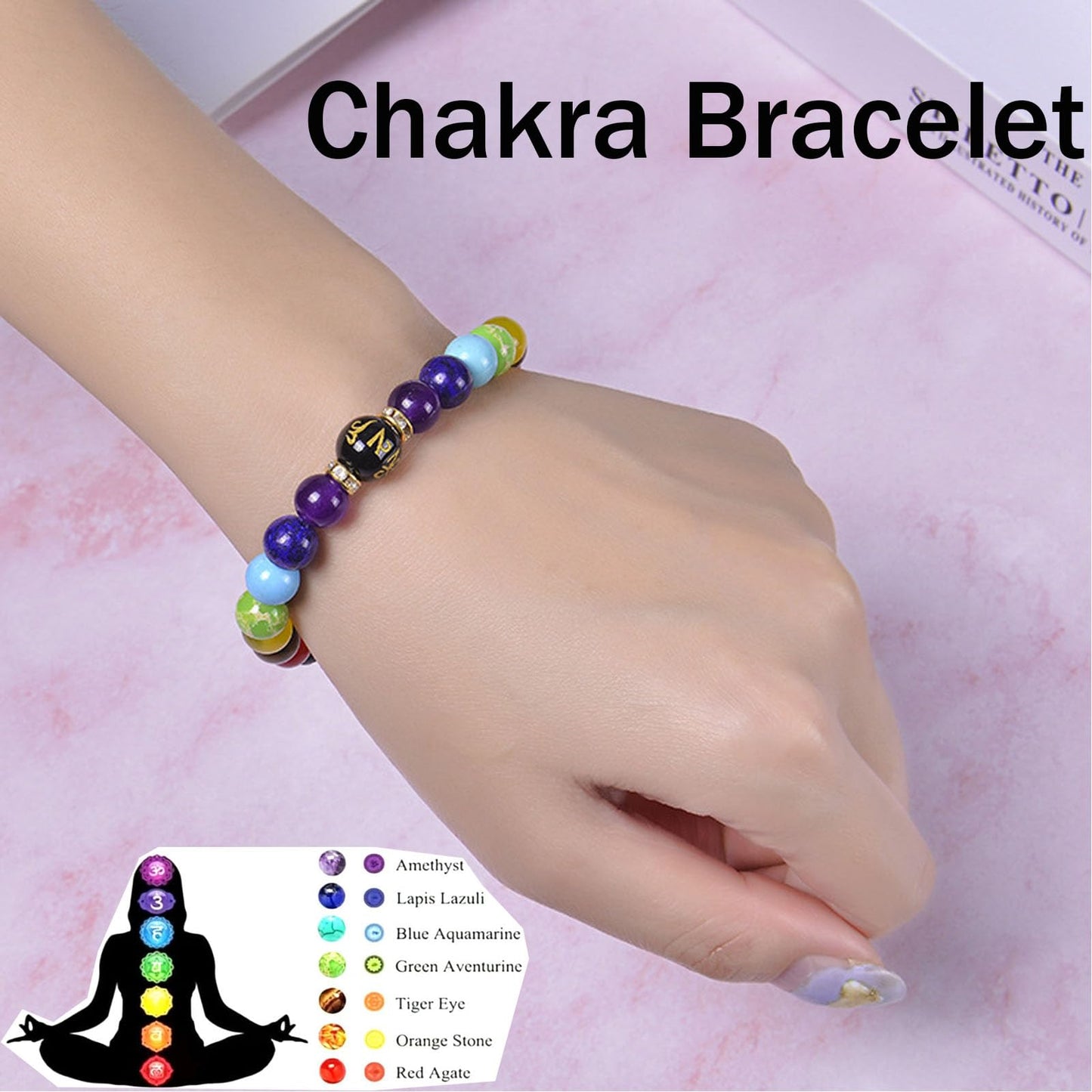 Chakra Bracelets for Women, Crystals and Healing Stones Pulsera Arus 7 Chakras Spiritual Bracelets for Woman Anxiety Healthbangle Lymphatic Drainage Elastic Bangle Natural Stone Yoga Crystals Beads Meditation Relax Anxiety(Volcanic Stone Black)