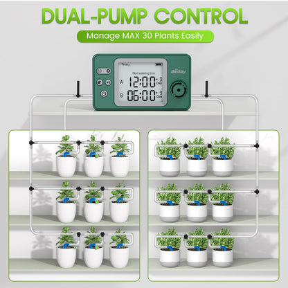 Solar Powered Dual Pump Drip Irrigation Kit for Outdoor Indoor Plants, 2-Zone Smart Self-Watering System with USB Charging, Automatic Plant Waterer for Garden Patio Balcony Vacation
