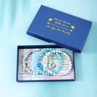 NCB 3-Piece 6mm Natural Crystal Gemstone Stretch Bracelets – ﻿Agalmatolite Jasper, Blue Turquoise, Howlite Handmade Reiki Energy Healing Jewelry for Meditation,Yoga, Unisex