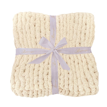 Bigacogo Chunky Knit Throw Blanket for Couch, 40x60 inches, 100% Hand Knitted with Thick Jumbo Chenille Yarn, Cozy Soft Large Rope Knot Cable Crochet Blankets for Sofa Bed Living Room, Beige