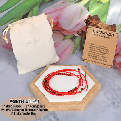 QOGIR Handmade Healing Stones Bracelet,4mm Natural Carnelian Gemstone Beads Bracelet, for Men Women Gifts with 2PCS Size Adjustable Rope Bracelets