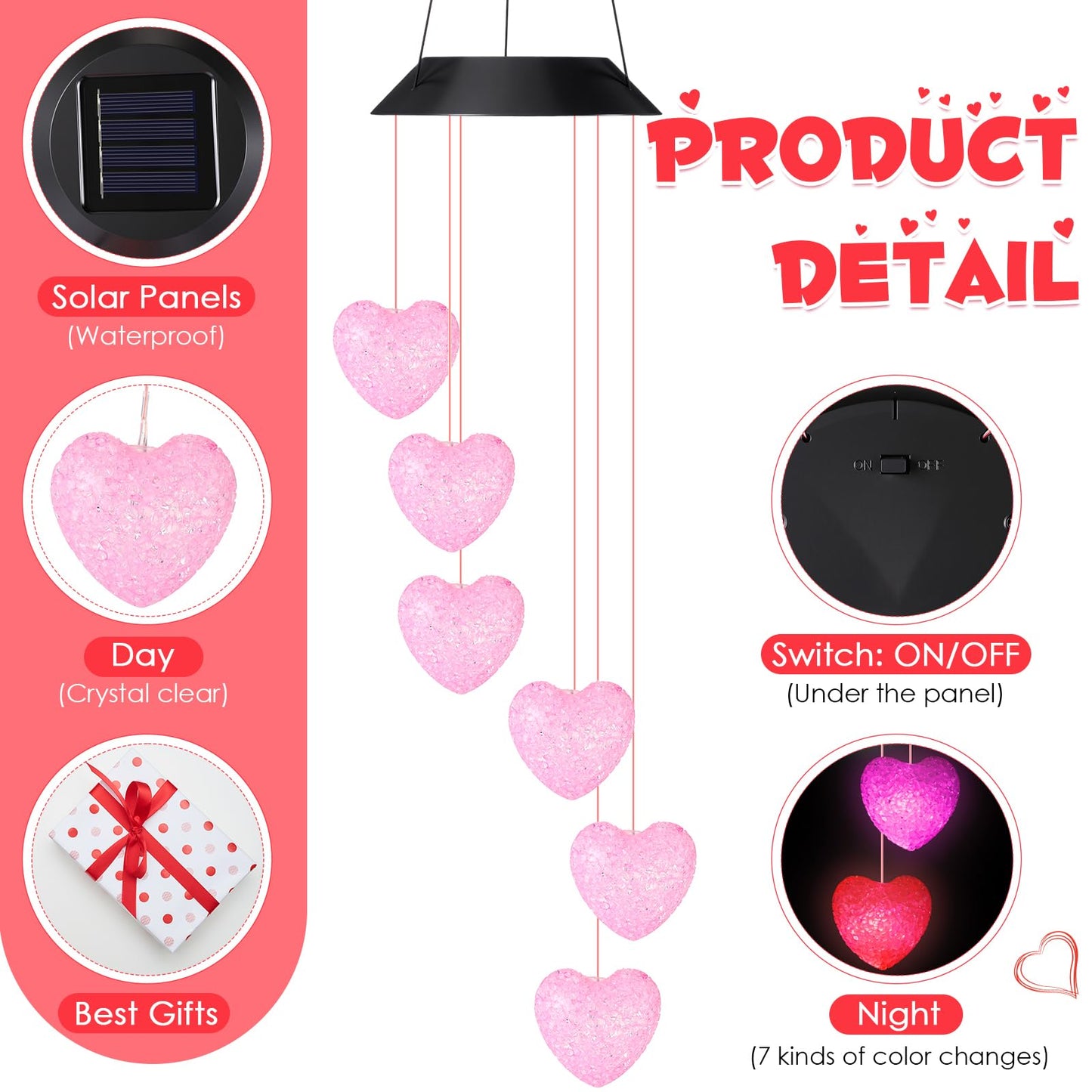 Glooglitter 2 Pcs Heart Solar Wind Chime Gift for Women Mom Grandma Sister Ideal Gift Mother's Day Decoration for Garden Patio Yard, Romantic Night Light Home Decor(Pink Heart)