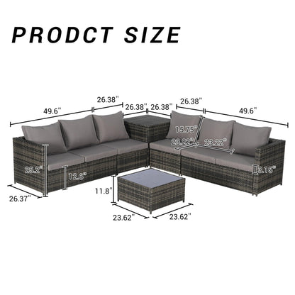 KEIKI 6Pcs Outdoor Patio Sectional Couch Sofa Conversation Furniture Sets with Chair, Storage Corner Cabinet, Glass Top Coffee Table & Cushion, Wicker Woven Seating for Backyard Lawn