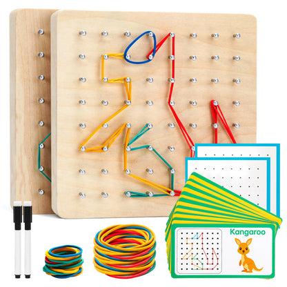 Zycolo 2Pack Wooden geoboards with Rubber Bands Montessori Toys, Mathematical Education Toy for Kids with Pattern Cards and geo Boards to Figures and Shapes, Brain Teaser STEM Toys for Classroom.
