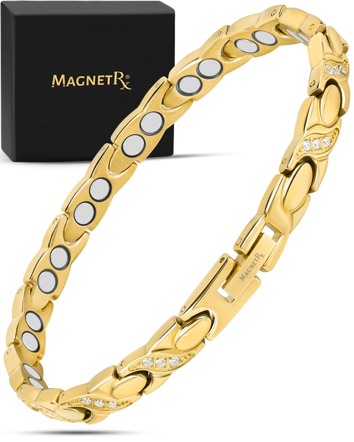 MagnetRX® Ultra Strength Magnetic Bracelets for Women – Double Magnet Stainless Steel Crystal Bracelet for Women – Adjustable Bracelet Length with Sizing Tool (Gold XO)
