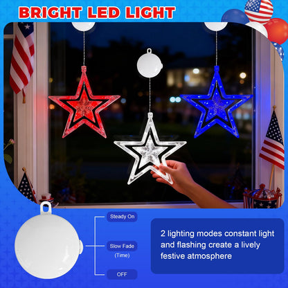 4th of July Window Lights with Timer, Red White Blue Star Lights Battery Operated with Suction Cup Hook, LED Hanging Patriotic Decor for Memorial Day Independence Day Home Room(Red White Blue)
