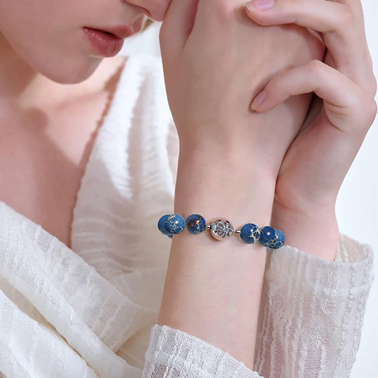 Yochus 45pcs Blue Sea Sediment Beads，8mm Healing Power Natural Stone Round Loose Beads for Jewelry Making Earring Necklace DIY Crafts