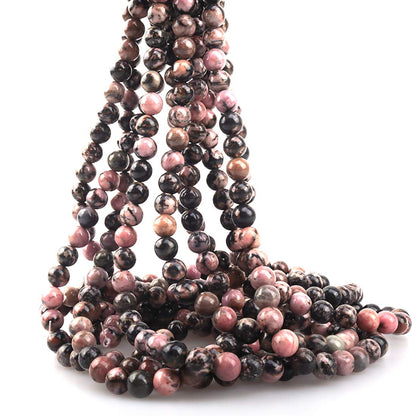 ICAI Beads 10mm Natural Pink Black Rhodonite Gemstone Round Loose Stone Beads for Jewelry Making DIY Crafts Design 1 Strand 15" APPR.34-36pcs