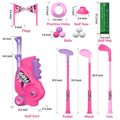 Liberry Toddler Golf Set with Putting Mat for 2 3 4 Years Old Boys Girls, Upgraded Kids Golf Cart with Unique Shoulder Strap Design, Indoor and Outdoor Golf Toys Gifts (Pink)