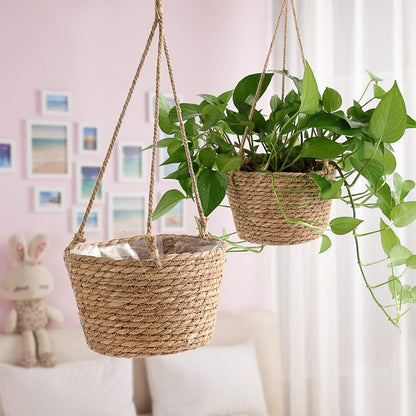 MEUMITY Hanging Planter Basket, Rattan Woven Plant Hanger with Plastic Liner Macrame Plant Holder Storage Organizer for Plants Indoor Outdoor(#1)