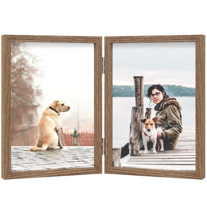 FOREV 4x6 Double Picture Frame Wooden Hinged Photo Frame Definition Glass Stand Vertically on Desktop or Tabletop