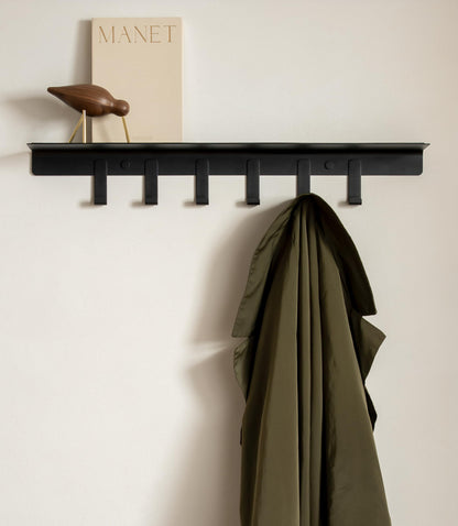 Kazai. Coat Rack Wall Mount with Shelf 'Holmsen' | Coat Rack with Shelf for Storage and Display | Wall Hooks for Hanging Clothes and Purses | Modern Entryway Hangers in Metal | Black