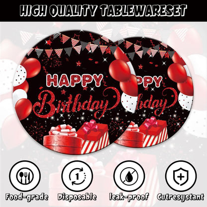 142Pcs Red and Black Birthday Party Tableware Set Inculde Plates Napkins Knives Forks Spoons Cups Banner and Tablecover Red and Black Birthday Party Decorations Supplies Serve 20
