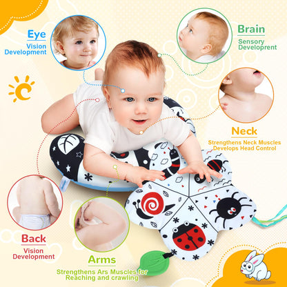 Tummy Time Pillow, High Contrast Tummy Time Mat with Black & White Flash Cards, Double-Sided Tummy Time Cushion with Mirror & Teether Sensory Toys, Baby Toys for Infant Newborn 0-12 Months Babies