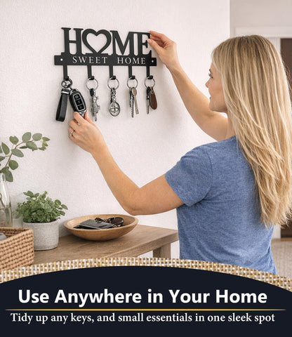 Key Holder Hooks Organizer Hanger Rack Wall Mounted Sweet Home Metal Decor Stylish and Practical for Entryway Front Door Kitchen Hallway Garage Mudroom Office 9.8inches/25cm Hardward Included Black