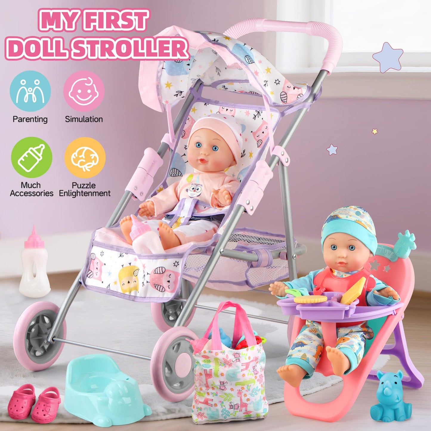 YIYBM Baby Doll Stroller Play Set with 12.5" Baby Doll,Dining Chair, 2 Sets Clothes and 20 PCS Doll Accessories. Stroller Toy for 3, 4, 5, 6 Year Old Toddler Girls for Realistic Pretend Play.