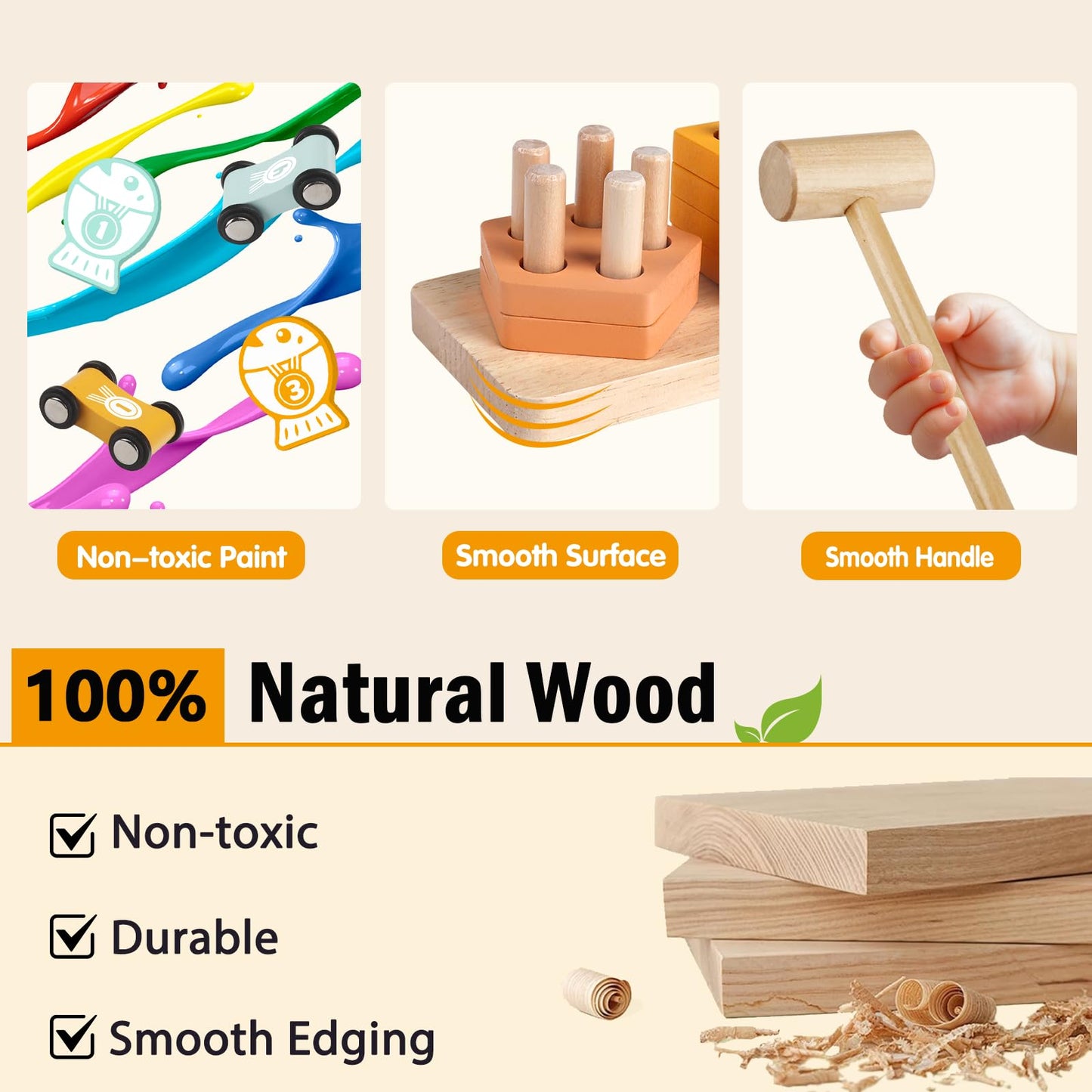 Wooden Montessori Toys for 1 Year Old, Pounding Hammering Toy with Xylophone & Fishing Game, Car Ramp Toy, Stacking Blocks & Shape Sorter 3 in 1 Wooden Toddler Toys 1 2 3 for Christmas Easter Gifts