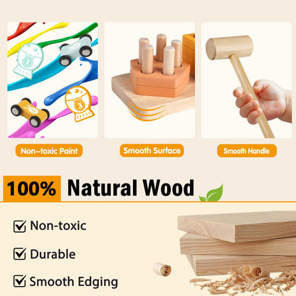 Wooden Montessori Toys for 1 Year Old, Pounding Hammering Toy with Xylophone & Fishing Game, Car Ramp Toy, Stacking Blocks & Shape Sorter 3 in 1 Wooden Toddler Toys 1 2 3 for Christmas Easter Gifts