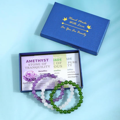 NCB 3-Piece 8mm Natural Crystal Gemstone Stretch Bracelets – ﻿Amethyst, Green Jade, White Jade Handmade Reiki Energy Healing Jewelry for Meditation,Yoga, Unisex