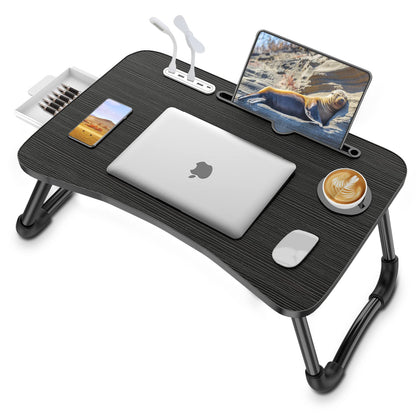 Zapuno Laptop Lap Desk, Foldable Laptop Table Tray with 4 USB Ports Storage Drawer and Cup Holder, Lap Bed Desk Notebook Stand Laptray Portable Standing Table for Bed Couch Floor