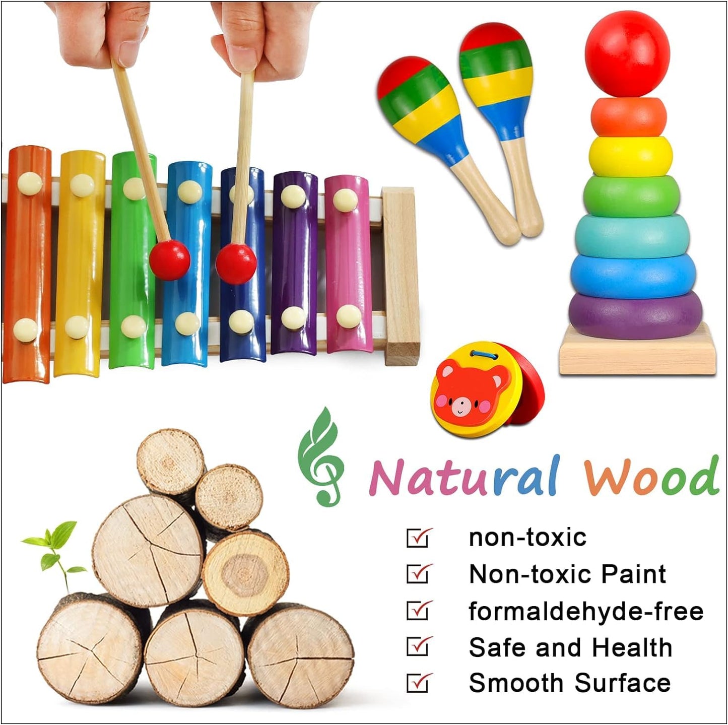 LOOIKOOS Toddler Musical Instruments,Wooden Percussion Instruments for Kids Preschool Educational Musical Toys Set Boys and Girls with Carrying Bag