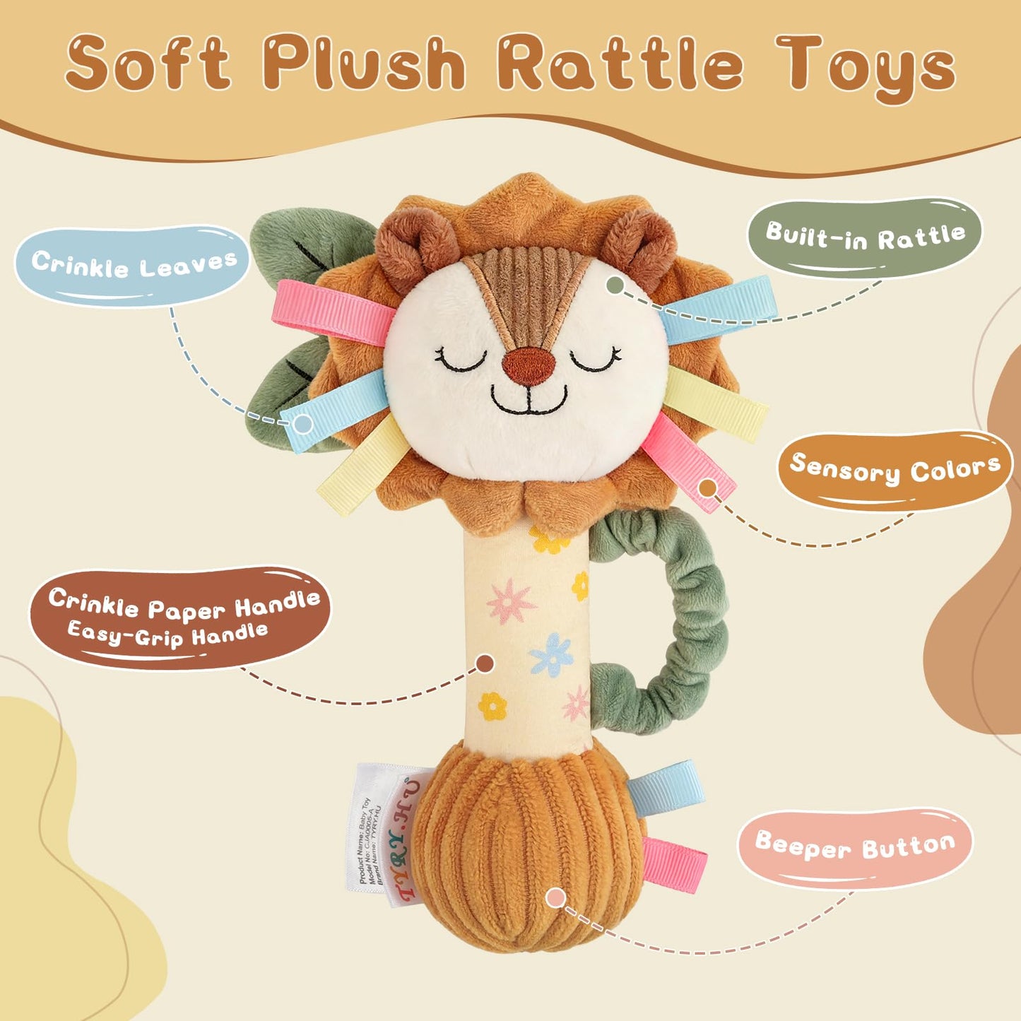TYRY.HU Baby Rattles Toy, Plush Lion Rattle, Stuffed Animal Hand Rattles,Infant Grab Shake Rattle, Crinkle & Squeaker,Soft Sensory Toy with Sound for Babies 0-6 6-12 Months, Lion