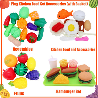 HOXBUR Pretend Play Kitchen Accessories for Kids, 77Pcs Cutting Fruits Vegetables Hamburger Toy Kitchen Accessories with Baskets for Toddlers 3 Years Old