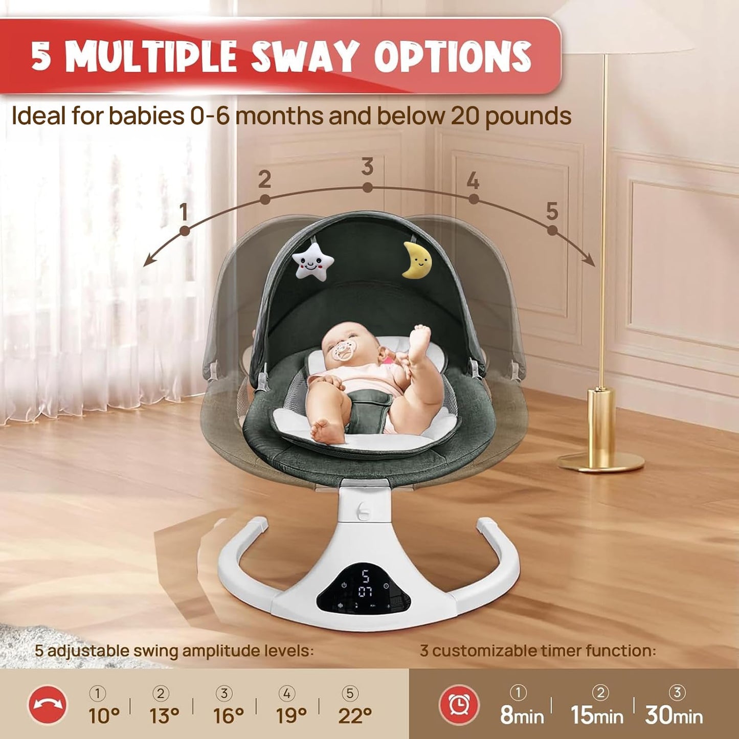 Electric Baby Swing with Remote Control - 5 Natural Motion Speeds, Detachable Seat Pad | Portable Infant Swing for Indoor/Outdoor Use (0-12M, 20lbs)(Green)