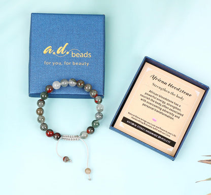 AD Beads 8mm African bloodstone - Strengthen the body - Handmade Natural Stone Crystal Bracelet with Adjustable Macrame String - Yoga Healing Power Energy Gifts for Men and Women