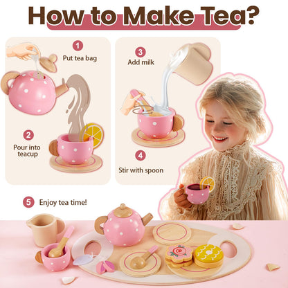 BUYGER Kids Wooden Tea Party Set for Little Girls Toddler Pretend Play Food Kitchen Accessories Princess Birthday Gifts for Ages 3 4 5 Years Old
