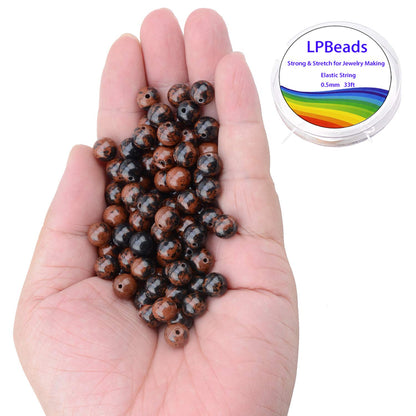 LPBeads 100PCS 8mm Natural Mahogany Obsidian Beads Gemstone Round Loose Beads for Jewelry Making with Crystal Stretch Cord