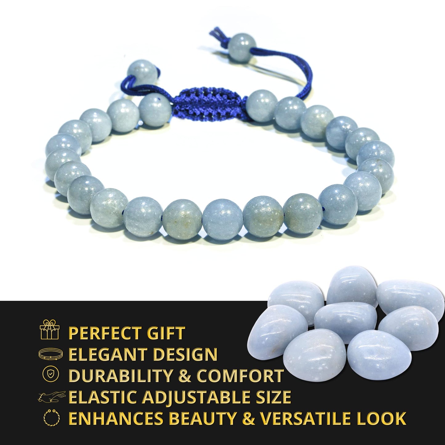 ANAYA AGATE Healing Crystal Bracelet – Chic Gemstone Bracelet for Men and Women – 8mm Round Bead Bracelets for Spiritual Healing, Protection, Positive Energy - Angelite