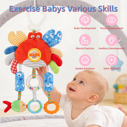 Baby Car Seat Toys with Clip- Travel Sensory Toys for 6 7 8 9 10 11 12 Months, Infant Roadtrip Soft Montessori Hanging Plush Toys Wind Chime, Teether, Rattle, Squeaky for Newborn Boy Girl Gifts