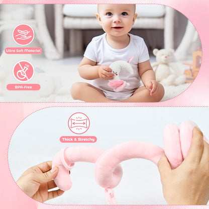 Yierchoo Spiral Car Seat & Stroller Activity Toy, Crib Hanging Rattles Toys for Ages 0-12 Months, Mirror, Textured Ribbons, Squeaky Carseat Stroller Toys, Newborn Baby Girl Gifts