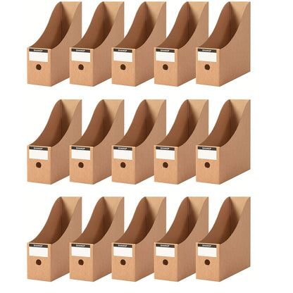 Fiyerna Foldable Desk File Holder Organizer Sturdy Cardboard Magazine Storage Box Document Rack with Blank Label Stickers for Home School Office (15, Brown)