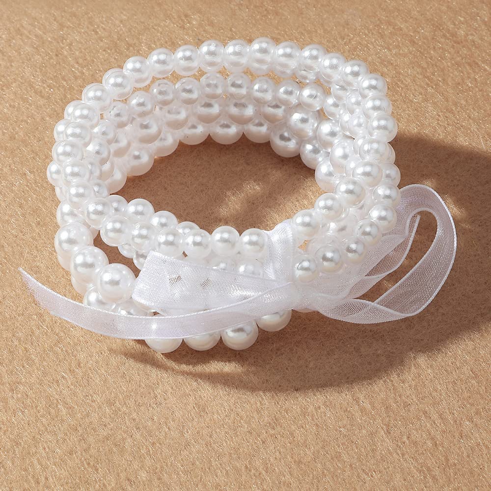 COLORFUL BLING Women Multilayer Temperament Imitated Pearl Stackable Strand Bracelets Beaded Seed Heart Rhinestone Crystal Stretch Bracelet Wedding Wrist Jewelry-5pcs bows