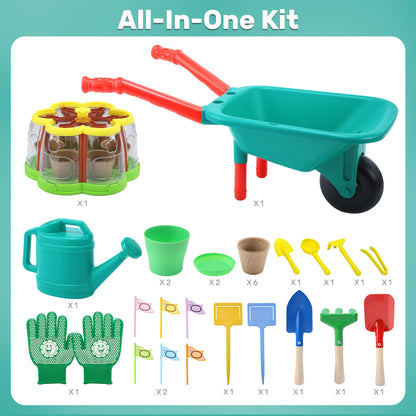 CUTE STONE Kids Gardening Set, Plant Growing Kit with Wheelbarrow, 3 Metal Garden Tools & Kids Grow House with Upgraded Irrigation, Outdoor Indoor STEM Toys for Toddlers 3+