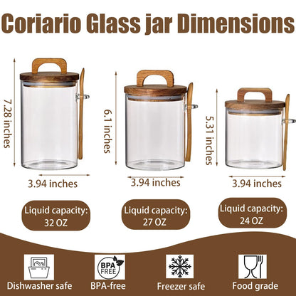 Coriario 24 OZ Glass Jar with Wooden Lid and Spoon Airtight Glass Candy Jars Wide Mouth Clear Glass Coffee Storage Canister Handle Lids for Food Sugar Cookie Tea Decorative