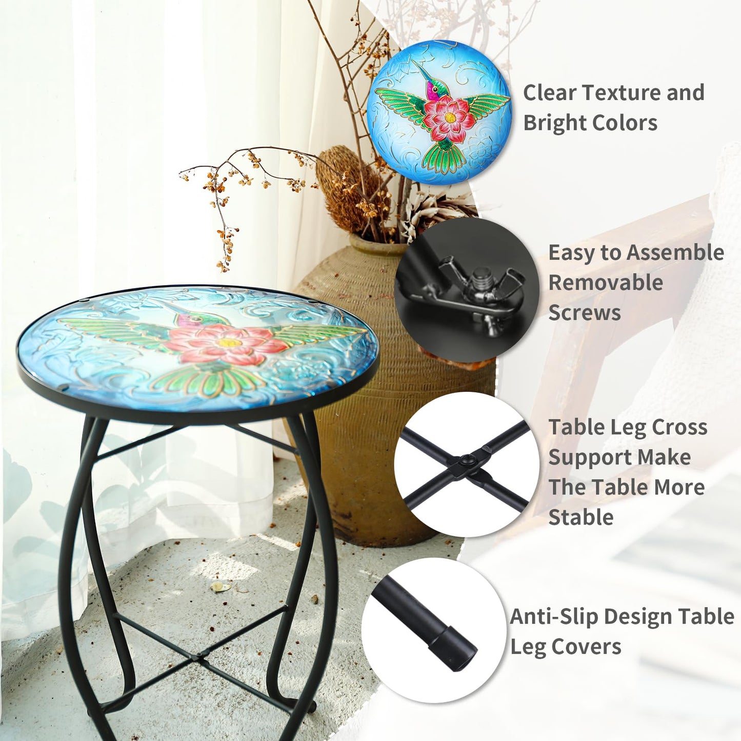 VCUTEKA Patio Side Table Outdoor Accent Table Bistro Coffee Table Plant End Table Small Porch Table Indoor Round Glass Balcony Plant Table Stands Hummingbird 14''