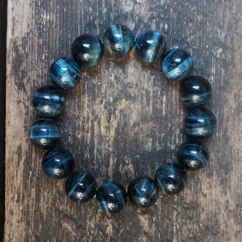 TaHLga Blue Tigers Eye Mens Bracelet 16MM | Fits for About 8" XLarge Wrist | Natural Solar Plexus Chakra Gemstones | Bring Luck Wealth Courage | Protection from Evil | Gift