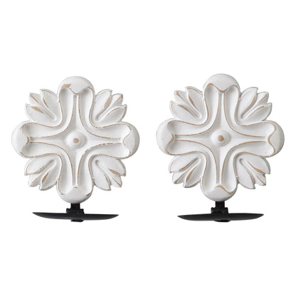 SOFE Small Wood Candle Sconces Set of 2, Carved Flower White Candle Holder for Pillar Candle, Rustic Candle Wall Holder, Living Room, Bedroom, Kitchen Art Wall Decor