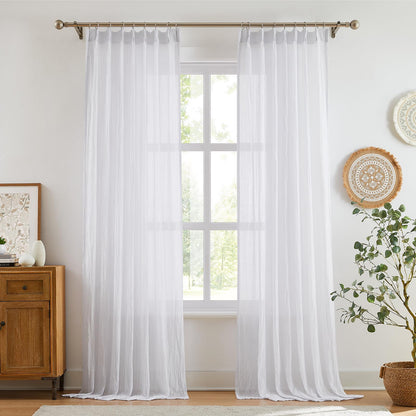 Melodieux Cotton Sheer Curtains 63 Inch Length 2 Panels, Light Filtering Pinch Pleated Cafe Curtains Panels, Back Tab Bedroom and Nursery Kitchen Drapes with Hooks, 40x63 Inch, White