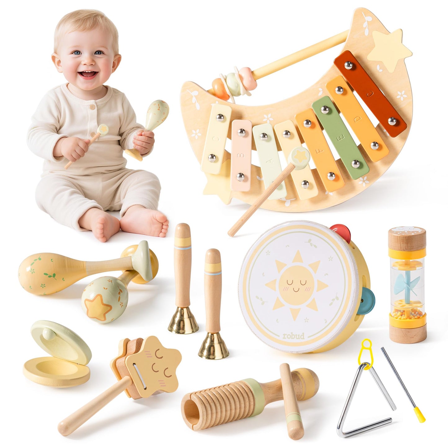 ROBUD Toddler Musical Instruments, Montessori Wooden Baby Musical Toys, Neutral Colors Musical Toys for Toddlers 1-3, Educational Percussion Set, for Boys and Girls(Star and Moon Theme)